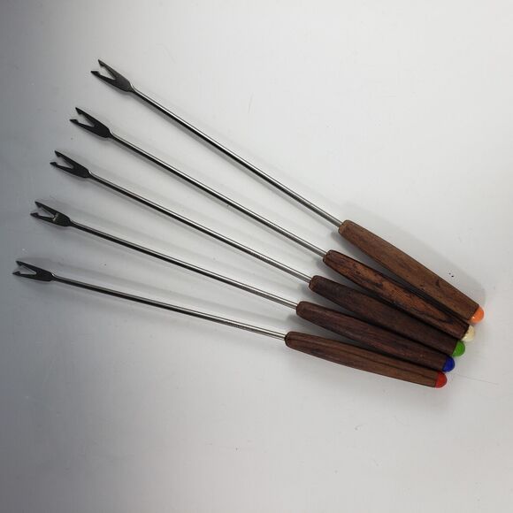 Fondue Long Fork Set Wood Teak Handle Color Insert MCM Set 5 Haddon House Japan - Picture 5 of 6